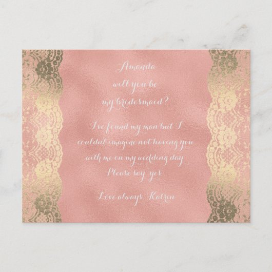 Roos Goud Lace Blush word mijn Bridesmaid. Uitnodiging Briefkaart (Voorkant)