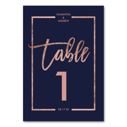 Roos goud lijst script marvy blue table number kaart (Voorkant)