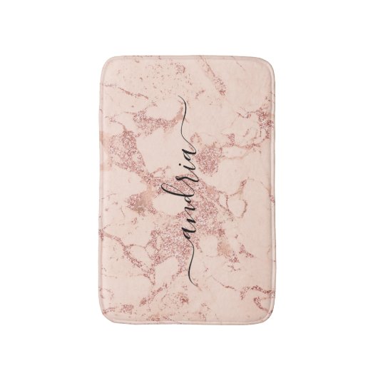 Roos Goud Marmer 8, Glitter, Zwart Script Naam Badmat (Voorkant Verticaal)