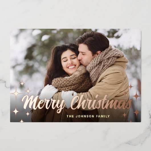 Roos goud met kerstfeestjes folie feestdagenkaart (Voorkant)