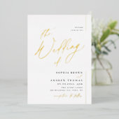 Roos goud modern script minimalistisch fotohuwelij folie uitnodiging (Staand Voorkant)