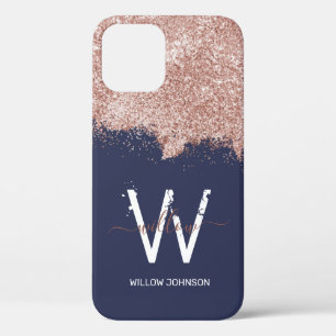 Roos Goud Navy Blauw Girly Dust Monogram iPhone 12 Hoesje