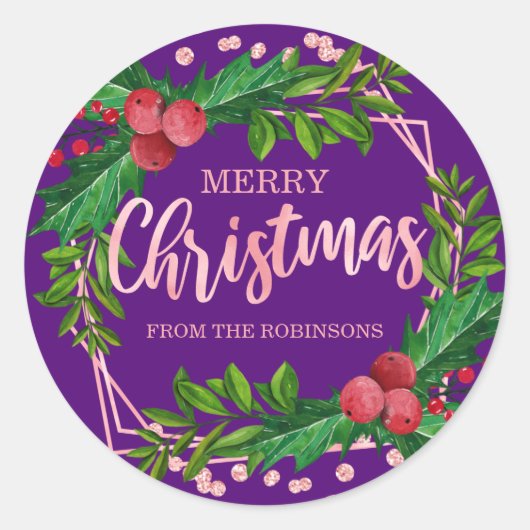 Roos Goud Paarse Familie Kerstmis Holly Glitter Ronde Sticker (Voorkant)