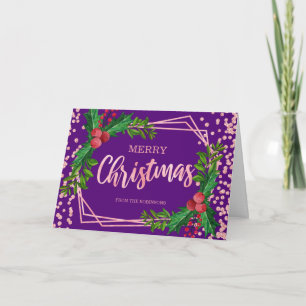 Roos Goud Paarse Holly Glitter Confetti Kerst Kaart