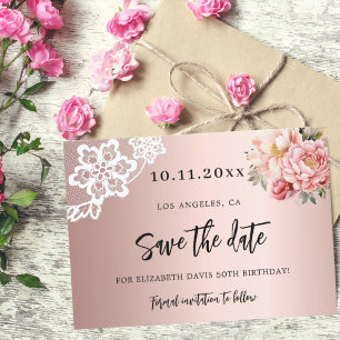 Roos Goud Roze Bloemen Kant Birthday Save The Date