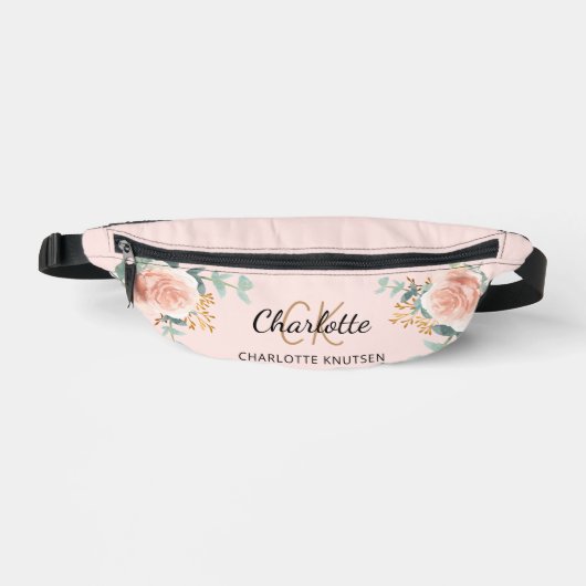 Roos Goud Roze Bloemengroen Naam Monogram Heuptasje (Voorkant)