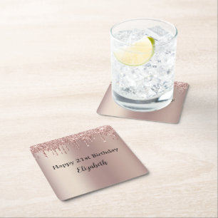 Roos Goud Roze Dripping Glitter 21e Verjaardag Vierkante Kartonnen Onderzetter