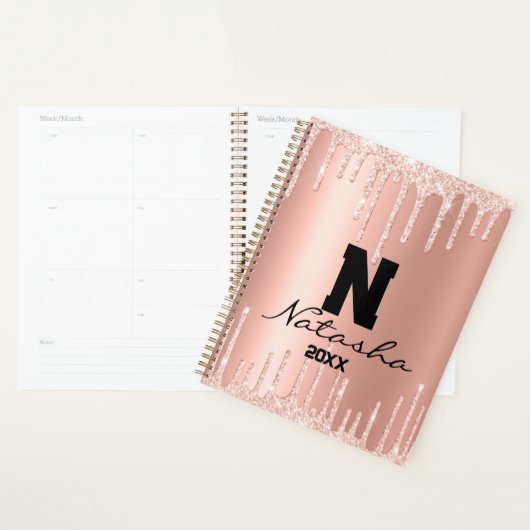 Roos Goud Roze Faux Glitter Aangepaste Naam Jaarli Planner (Display)