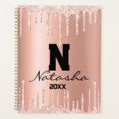 Roos Goud Roze Faux Glitter Aangepaste Naam Jaarli Planner (Voorkant)
