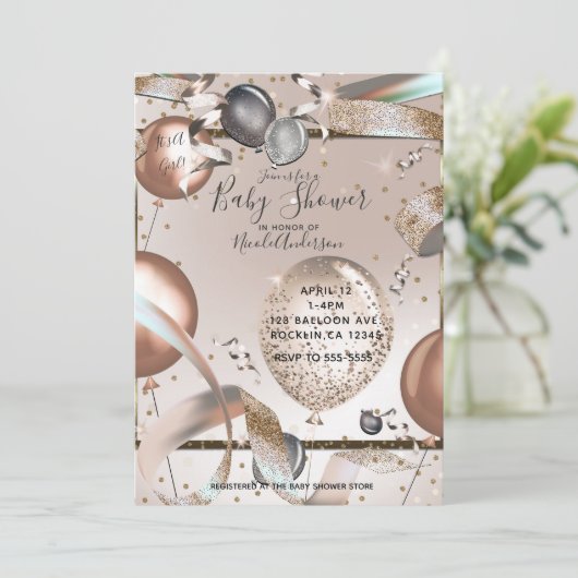 Roos Goud Roze Glitter Ballonnen Baby shower Foto Kaart (Staand voorkant)