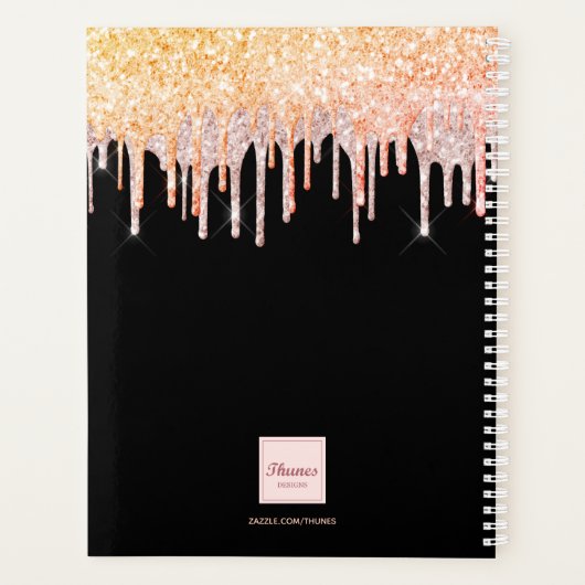 Roos goud roze glitter druppels zwart naam 2024 planner (Achterkant)