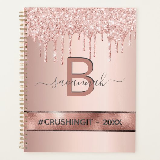 Roos goud roze glitter monogram motivatie planner (Voorkant)