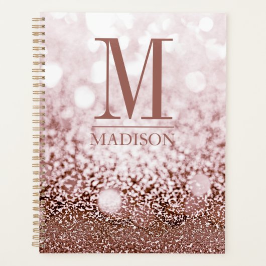 Roos Goud Roze Glitter Monogram Naam Initiaal Planner (Voorkant)