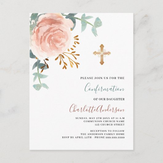 Roos Goud Roze Groen Goud Kruis bevestiging Uitnodiging Briefkaart (Voorkant)