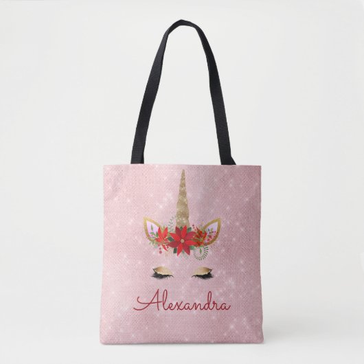 Roos Goud Roze Kerst Eenhoorn Monogram Draagtas (Voorkant)