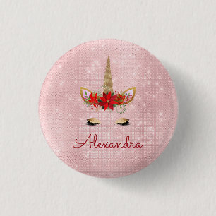 Roos Goud Roze Kerst Eenhoorn Monogram Ronde Button 3,2 Cm