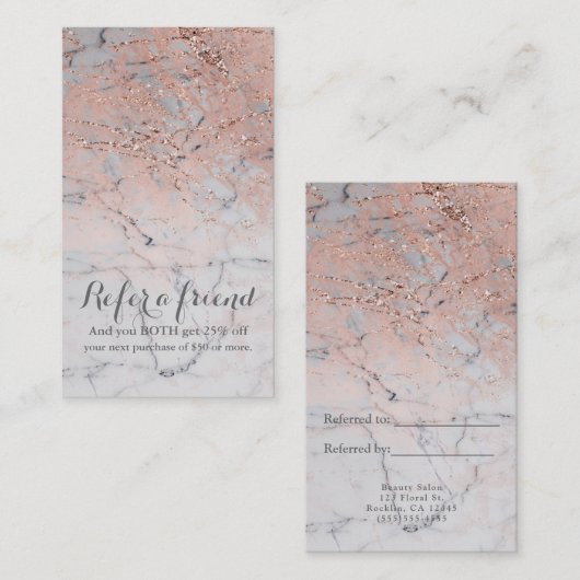 Roos Goud Roze Modern Marmeren Glam Verwijs een vr Aanbevelingskaartje (Voorkant / Achterkant)