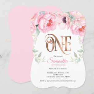 Roos goud, Roze, Waterverf, Floral, 1e verjaardag Kaart