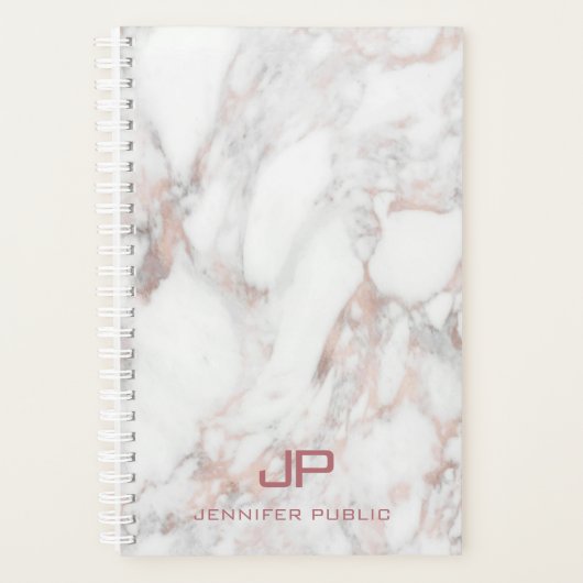 Roos Goud Wit Marmer Elegant Modern Monogram Planner (Voorkant)