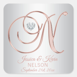 Roos Goud Zilver Grijs Monogram Hart Bruiloft Vierkante Sticker