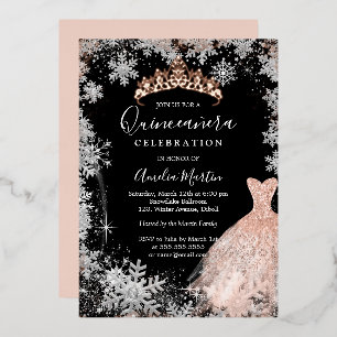 Roos Goud Zilver Zwart Sneeuwvlok Quinceanera Folie Uitnodiging