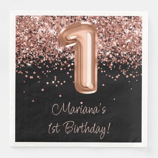 Roos Goud Zwart 1e Verjaardagsfeestje Servet (Voorkant)