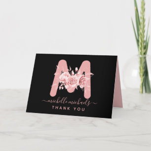 Roos Goud Zwart Dank u Floral Monogram Kaart