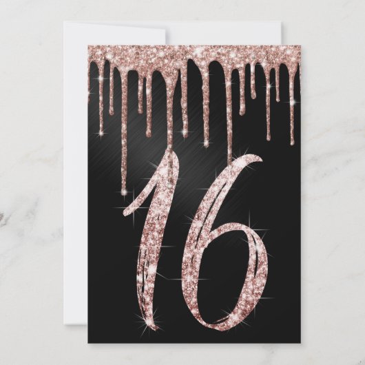 Roos Goud Zwart Metallic Glitter Druppelt Zoet 16 Kaart (Achterkant)