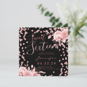 Roos Goud Zwart Sweet 16 Glitter Confetti Bloemen Kaart (Staand voorkant)