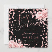Roos Goud Zwart Sweet 16 Glitter Confetti Bloemen Kaart (Voorkant)