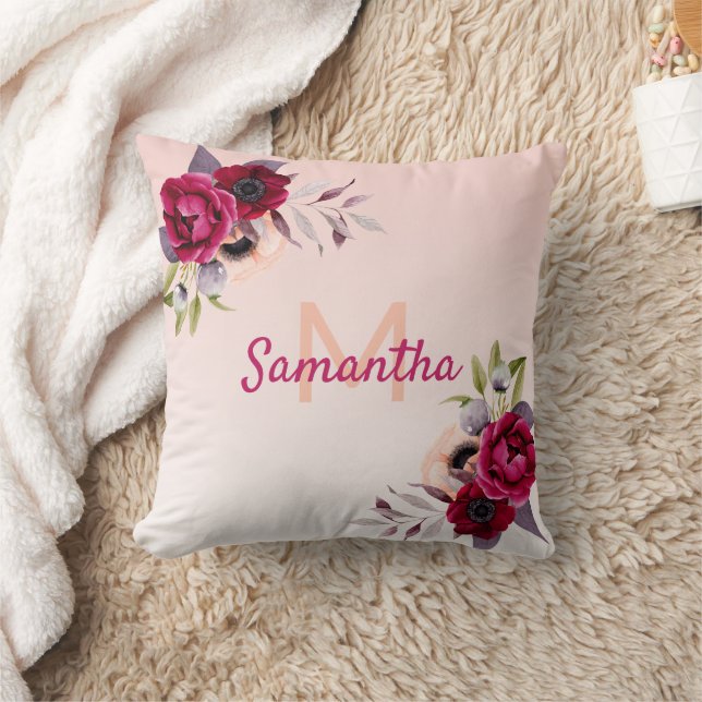 Roos goudbloem bogundy naam monogram kussen (Deken)