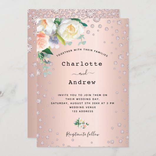 Roos goudbrij bloesdiamant glamoureus bruiloft kaart (Voorkant / Achterkant)