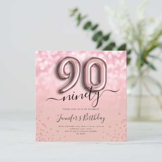 Roos Gouden Ballon Glitter 90ste Verjaardag Uitnod Kaart (Staand voorkant)