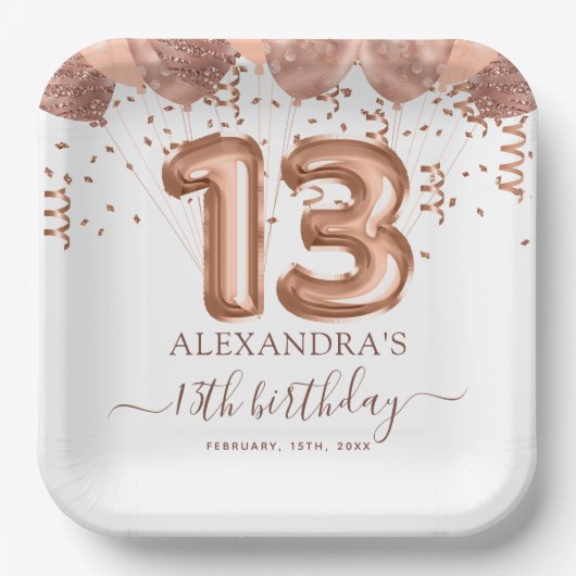 Roos gouden ballonnen 13e verjaardagsfeestje papieren bordje (Voorkant)