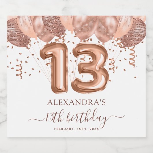 Roos gouden ballonnen 13e verjaardagsfeestje sparkling wijnetiket (Enkel label)