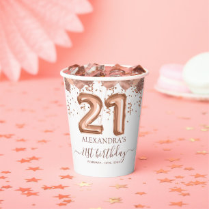 Roos gouden ballonnen 21e verjaardagsfeestje papieren bekers