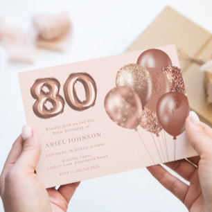 Roos gouden ballonnen 80ste verjaardagsfeestje kaart