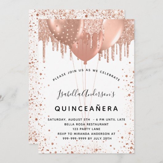 Roos gouden ballonnen wit Quinceanera Kaart (Voorkant / Achterkant)