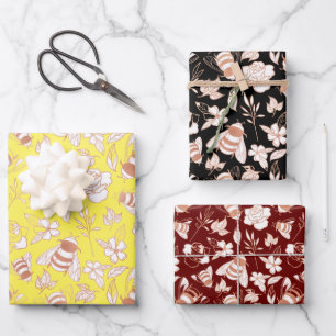 Roos gouden bijen en bloemen inpakpapier vel