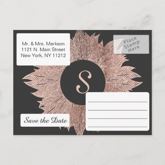 Roos Gouden Bladeren Op Zwart Save The Date Briefk Aankondigingskaart (Achterkant)