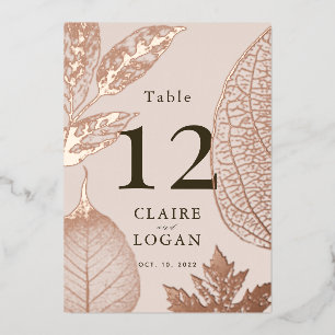Roos Gouden Bladeren Roze Beige Trouwtafel Nummer Folie Uitnodiging