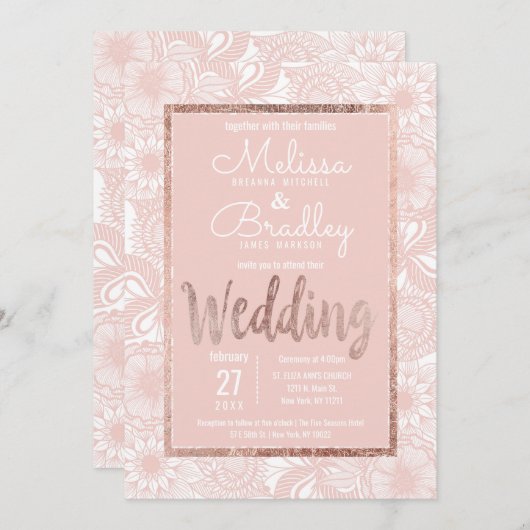 Roos Gouden Bloemen Blush Roze Borstel Script Wedd Kaart (Voorkant / Achterkant)