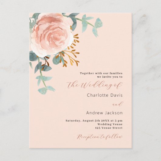 Roos gouden bloemen groen perzik bruiloft uitnodiging briefkaart (Voorkant)