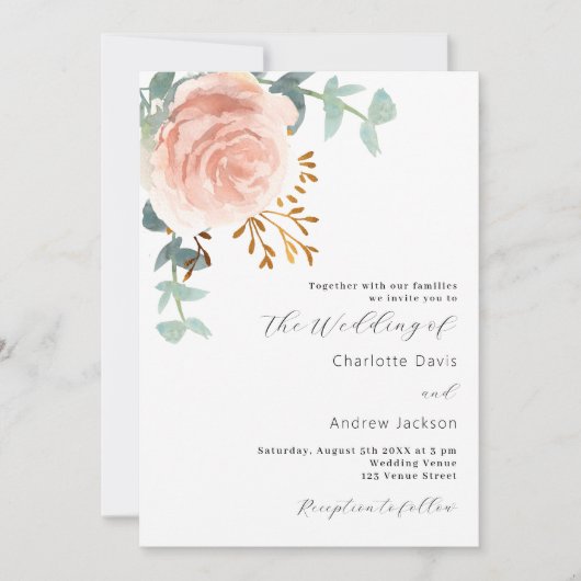 Roos gouden bloemen groen QR code RSVP bruiloft Kaart (Voorkant)