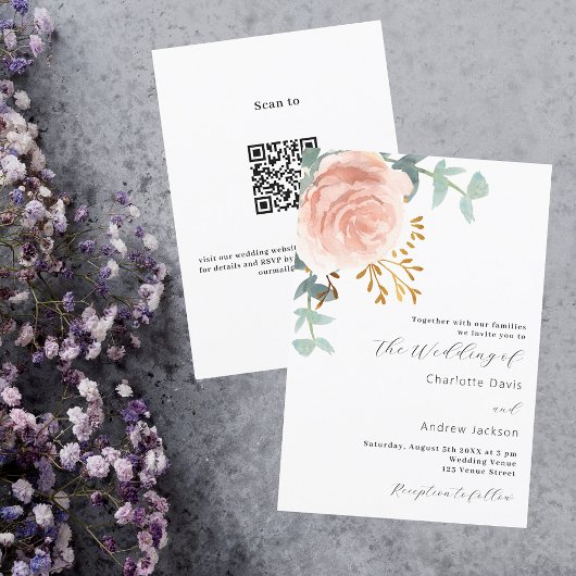 Roos gouden bloemen groen QR code RSVP bruiloft Kaart