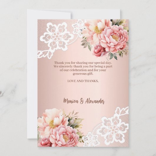 Roos Gouden Bloemen Kant Trouwfoto Dank u kaart (Achterkant)