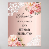 Roos gouden bloemen kant verjaardagsbordje poster (Voorkant)