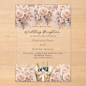 Roos gouden bloemen mousserende wijn bruiloft rece acryl uitnodigingen (Voorkant)