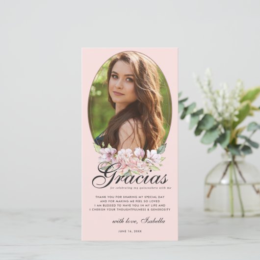 Roos Gouden Bloemen Quinceañera Foto Dank u kaart (Staand voorkant)