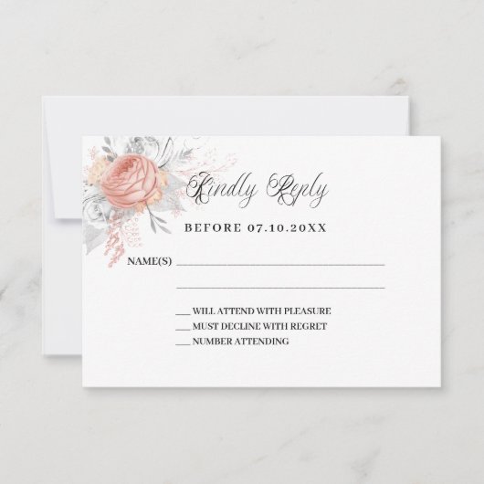 Roos gouden bloemen wit bruiloft reactie RSVP Kaartje (Voorkant)